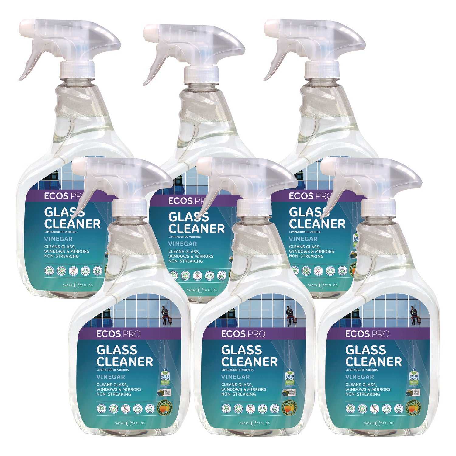 ECOS PRO Glass Cleaner, Vinegar Scent, 32 oz Spray Bottle, 6/Carton (PL93006CT)