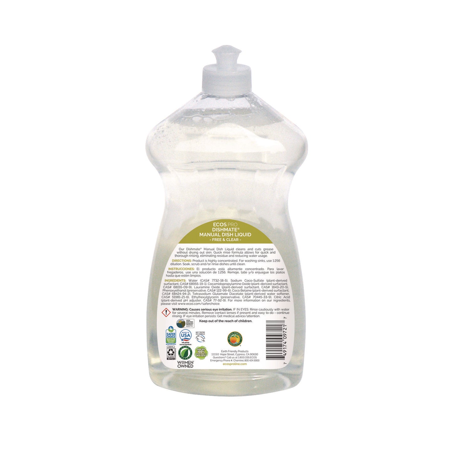ECOS PRO Dishmate Manual Dish Liquid, Free and Clear, 25 oz Squeeze Bottle, 6/Carton (PL97216CT)
