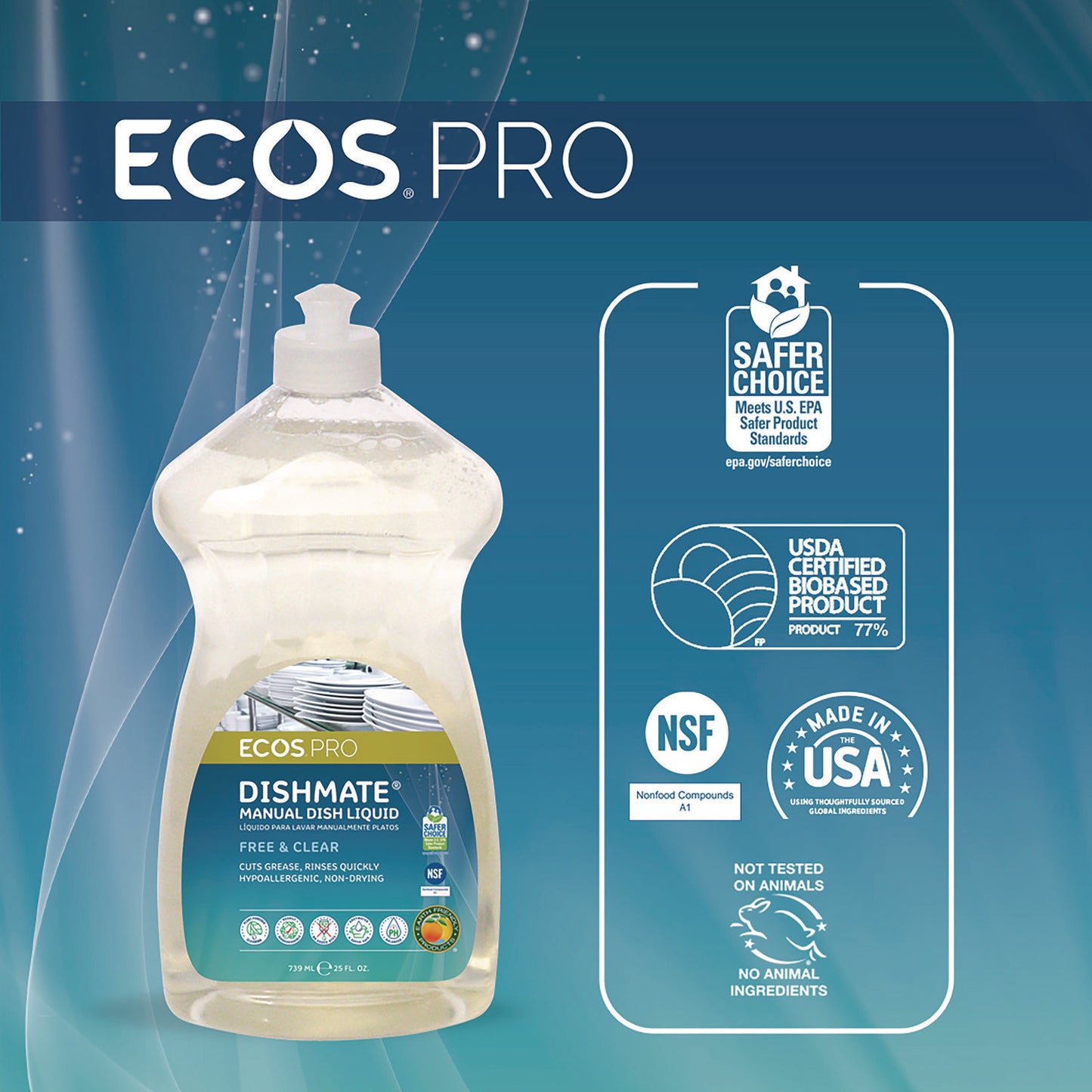 ECOS PRO Dishmate Manual Dish Liquid, Free and Clear, 25 oz Squeeze Bottle, 6/Carton (PL97216CT)
