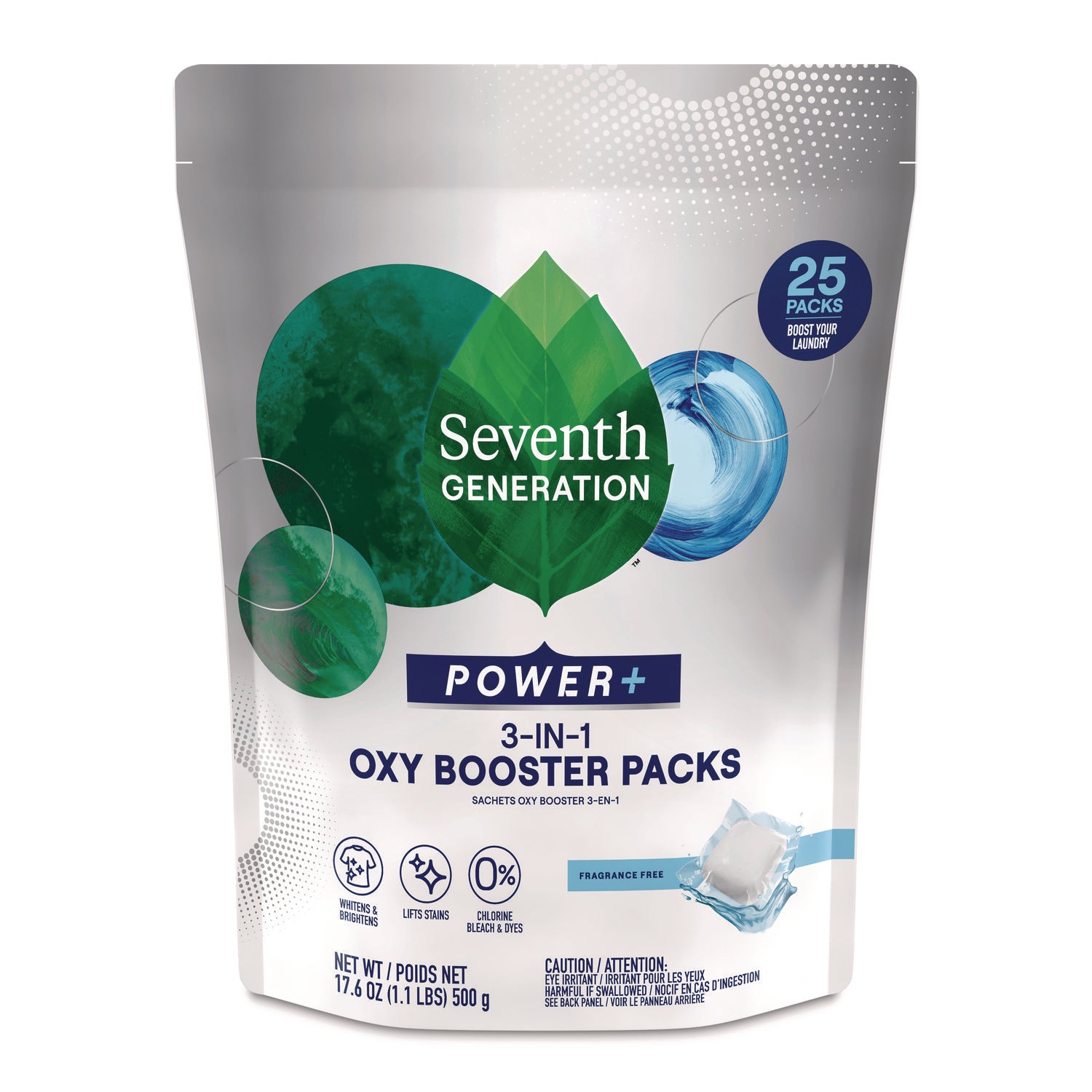 Seventh Generation Power+ 3-in-1 Oxy Booster Packs, Fragrance Free, 17.6 oz, 25 Tabs/Pack, 6 Packs/Carton (68927608)