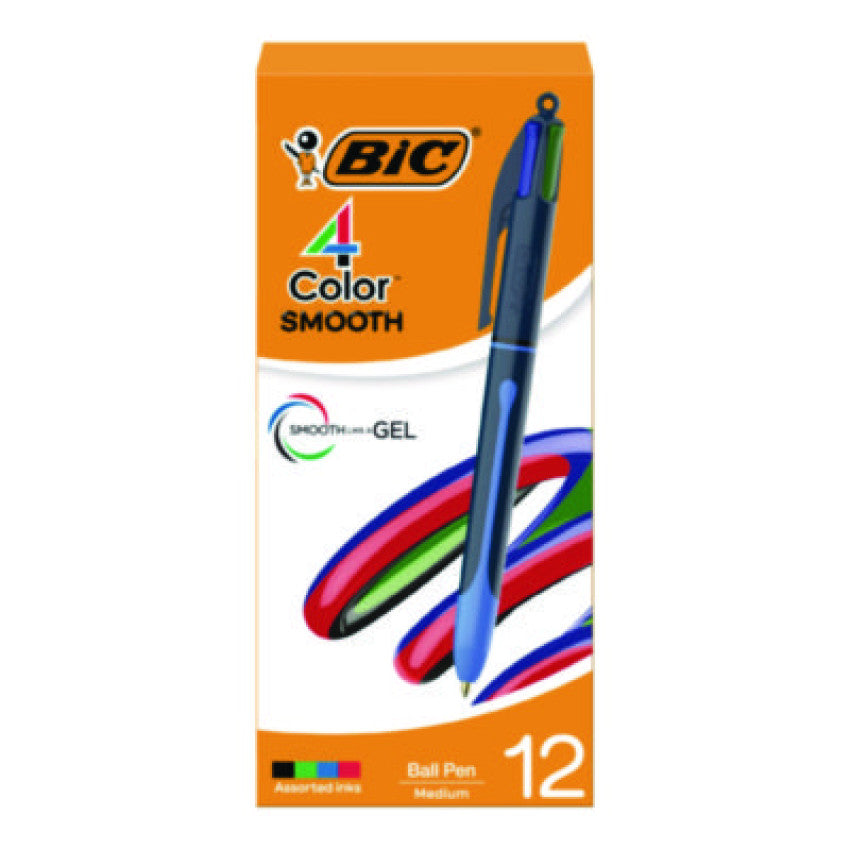 BIC 4-Color Smooth Multifunction Ballpoint Pen, Retractable, Medium 1 mm, Black/Blue/Green/Red Ink, Black/Blue Barrel, 12/Pack (MMS11AAST)