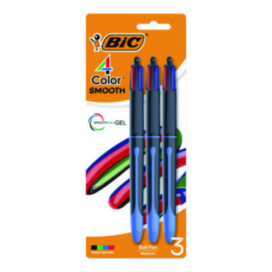 BIC 4-Color Multifunction Ballpoint Pen, Retractable, Medium 1 mm, Black/Blue/Green/Red Ink, Black/Blue Barrel, 3/Pack (MMSP3AAST)