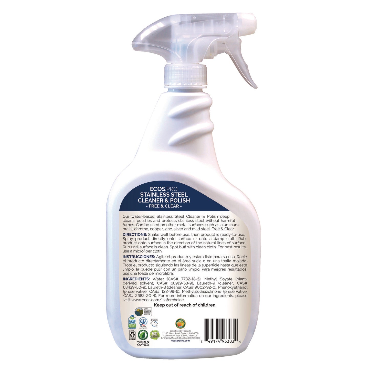 ECOS PRO Stainless Steel Cleaner and Polish, Free and Clear Scent, 32 oz Spray Bottle, 6/Carton (PL93306CT)