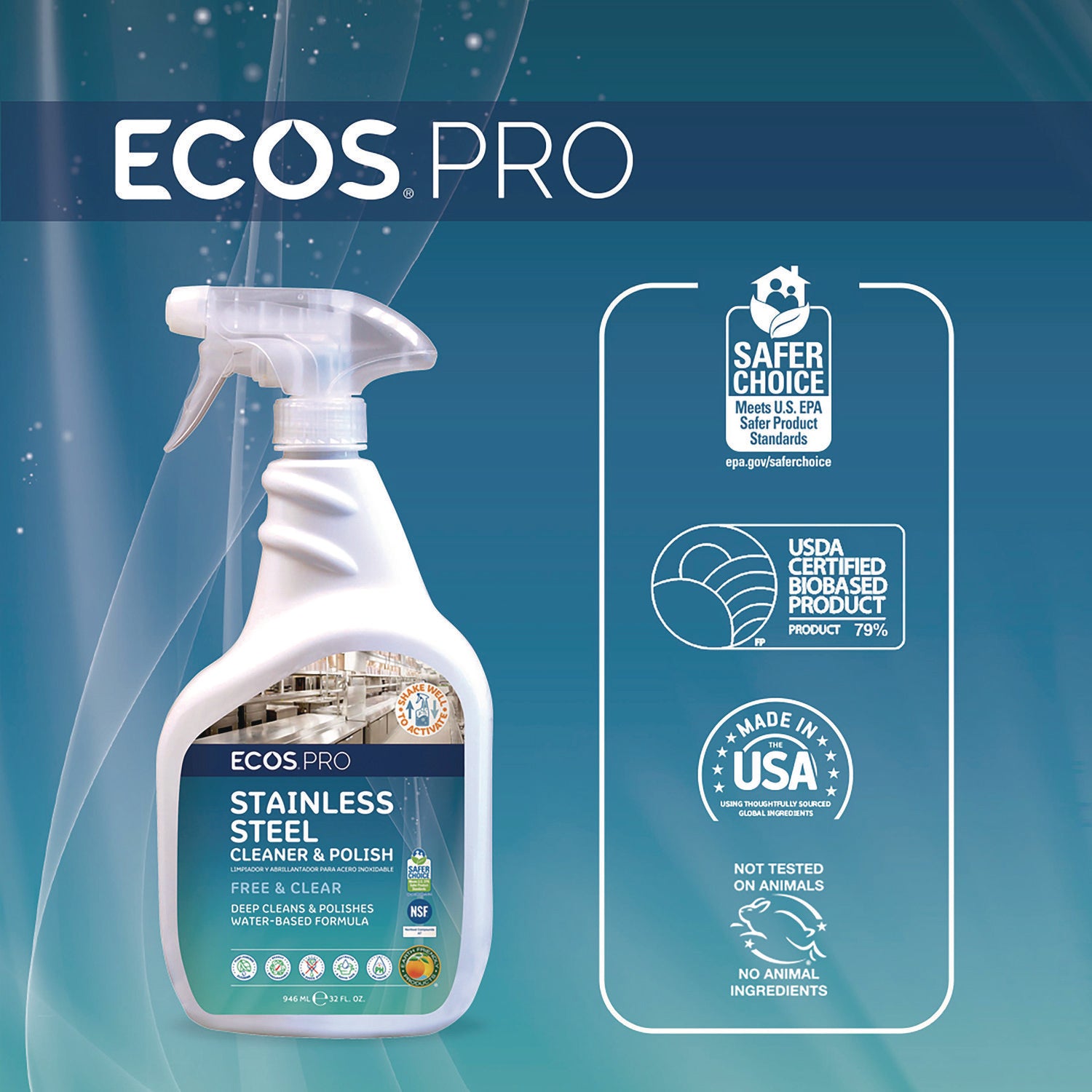ECOS PRO Stainless Steel Cleaner and Polish, Free and Clear Scent, 32 oz Spray Bottle, 6/Carton (PL93306CT)
