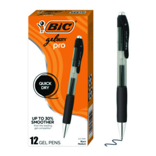 BIC Gelocity Pro Gel Pens, Retractable, Medium 0.7 mm, Black Ink, Black/Clear Barrel, 12/Pack (RPGL11BLK)