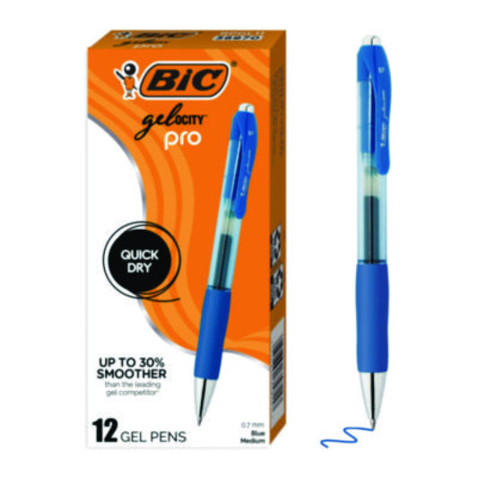 BIC Gelocity Pro Gel Pens, Retractable, Medium 0.7 mm, Blue Ink, Blue/Clear Barrel, 12/Pack (RPGL11BLU)