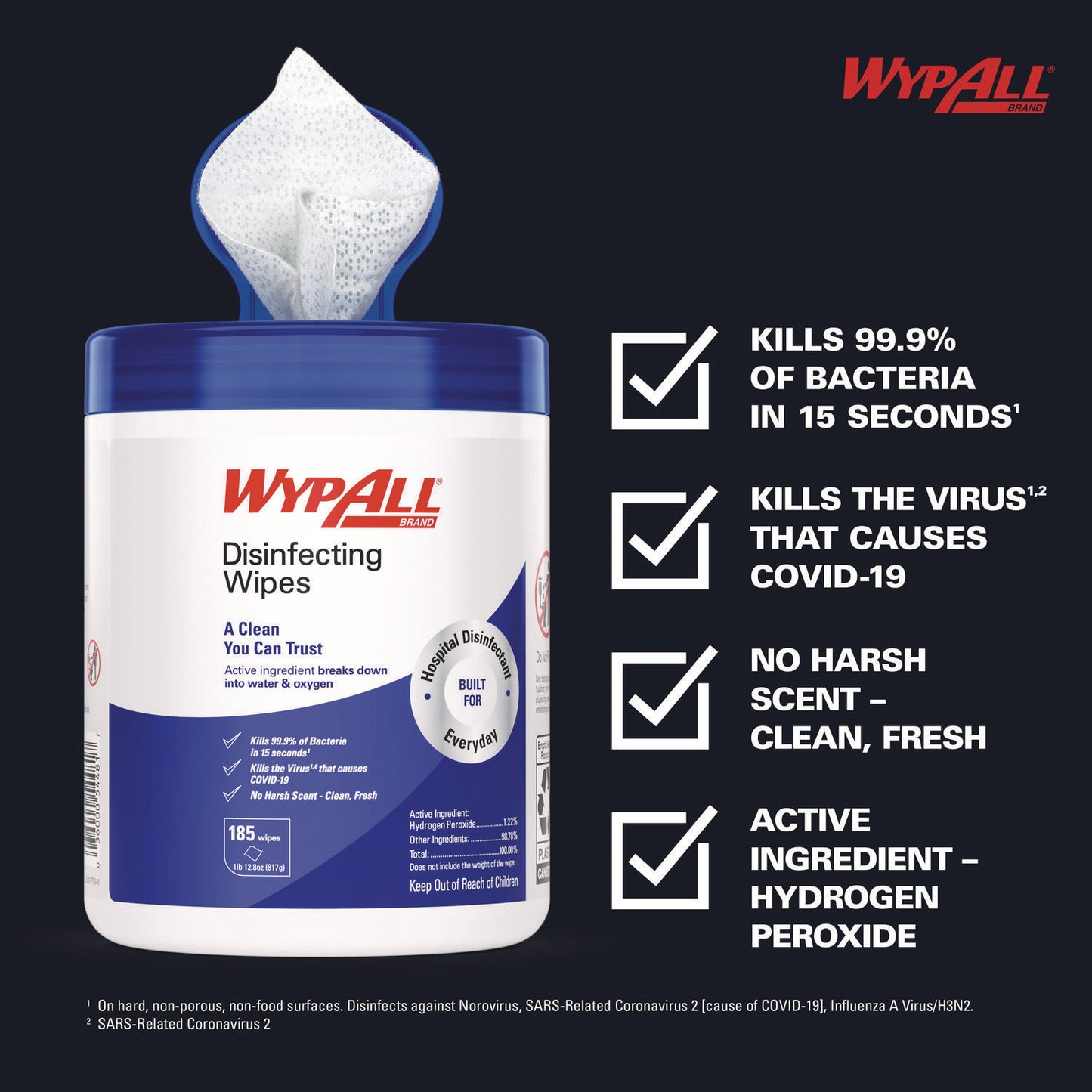 WypAll Hydrogen Peroxide Disinfecting Wipes, 1-Ply, 7 x 5.75, Fresh Scent, White, 185 Wipes/Canister (54481EA)