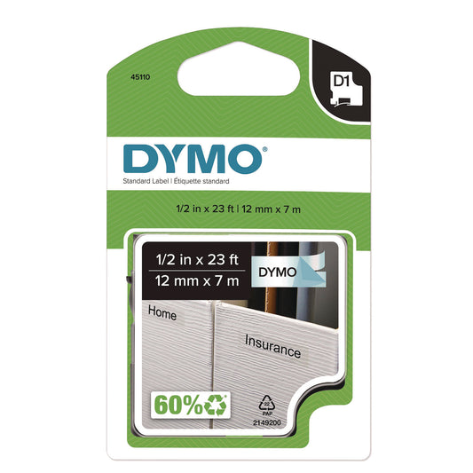 DYMO D1 Standard Labels, 0.50" x 23 ft, Black Print on Clear Tape (45110)