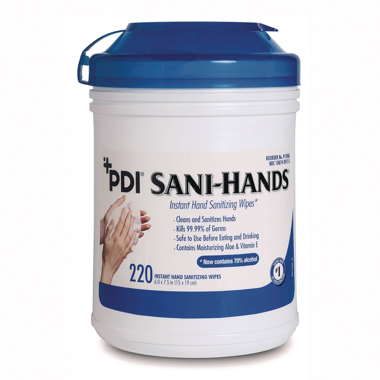 PDI Sani-Hands Instant Hand Sanitizing Wipes, 7.5 x 6, Unscented, White, 220/Canister, 6 Canisters/Carton (NPKP15984)