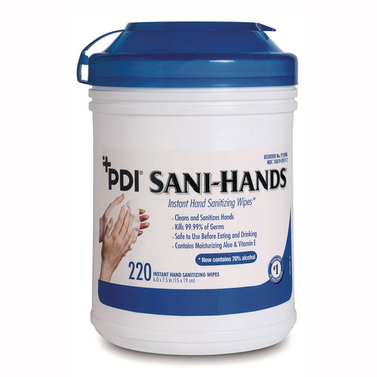 PDI Sani-Hands Instant Hand Sanitizing Wipes, 7.5 x 6, Unscented, White, 220/Canister, 6 Canisters/Carton (NPKP15984)