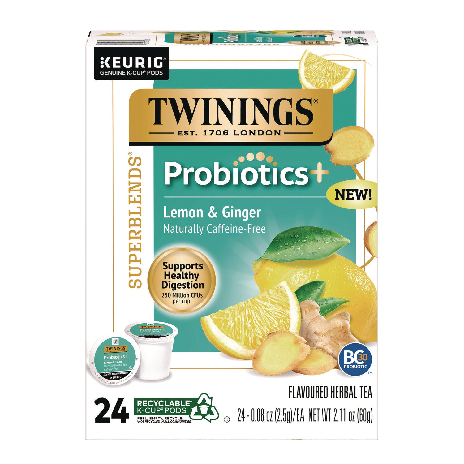 TWININGS Probiotics+ Herbal Lemon & Ginger Tea, 24/Box (TNA23050)