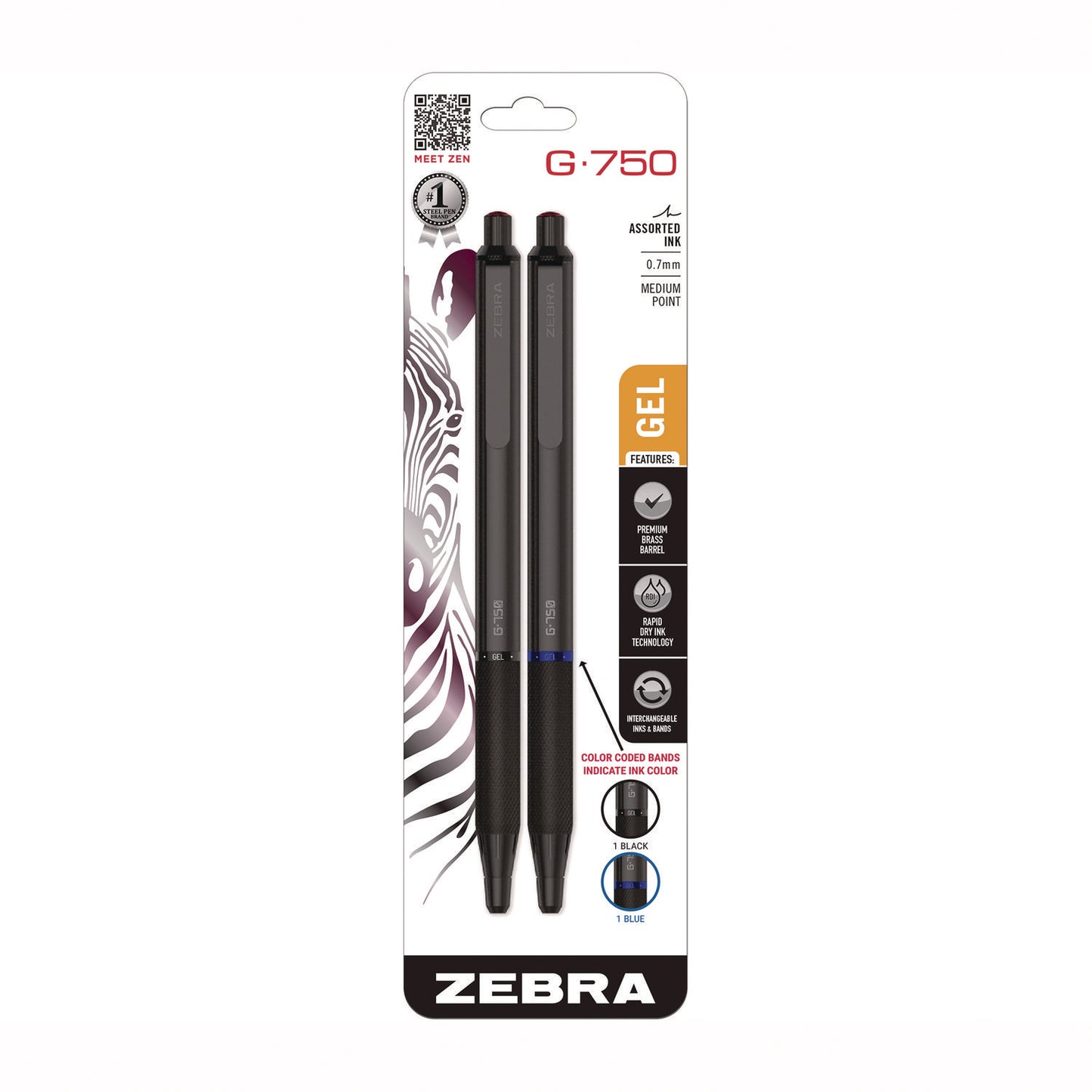 Zebra G-750 Gel Pen, Retractable, Medium 0.7 mm, Black