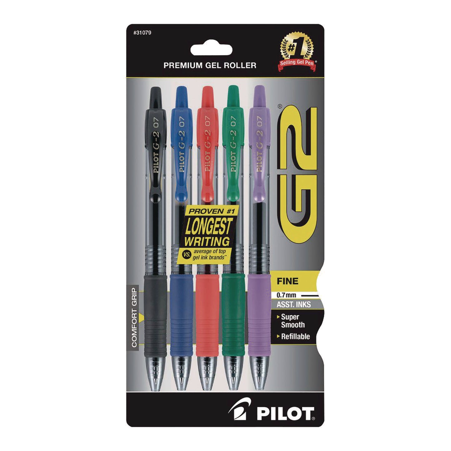 Pilot G2 Premium Gel Pen, Retractable, Fine 0.7 mm, Assorted Ink and Barrel Colors, 5/Pack (31079)