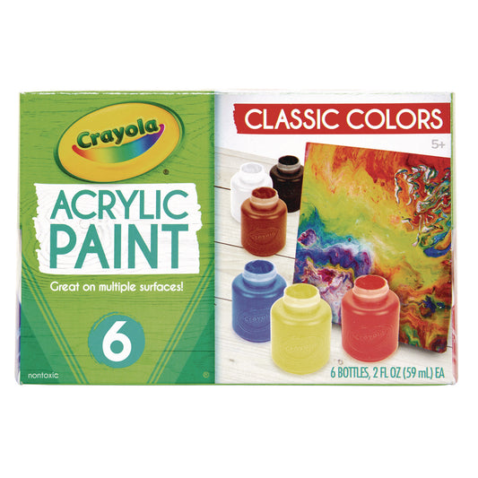 Crayola Acrylic Paint Set, Six Assorted Classic Colors, 2 oz Bottles, 6/Box (1388272)