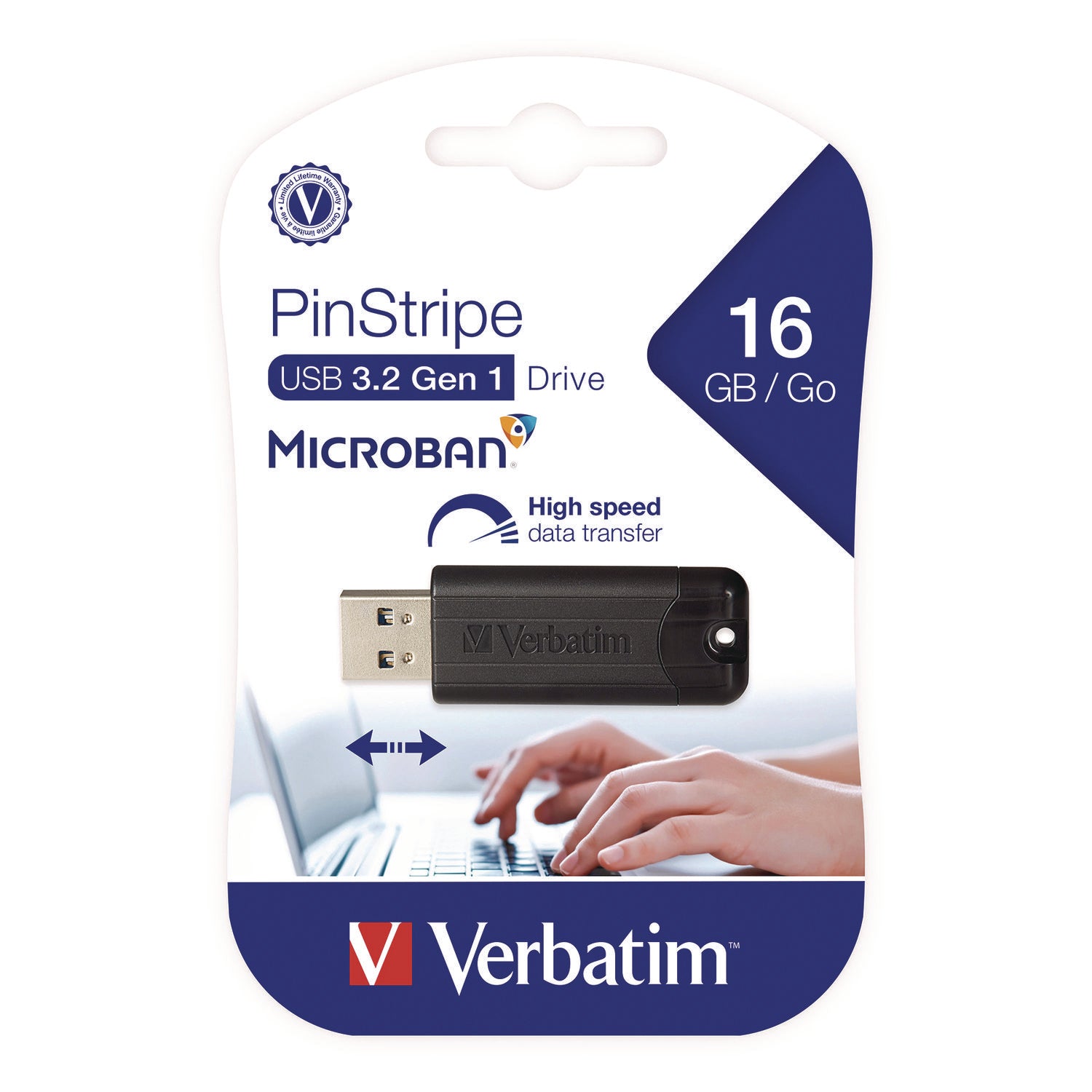 Verbatim PinStripe USB 3.2 Flash Drive, 16 GB, Black (49316)