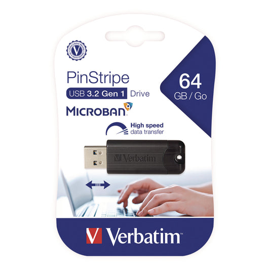 Verbatim PinStripe USB 3.2 Flash Drive, 64 GB, Black (49318)