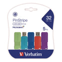 Verbatim PinStripe USB 3.2 Flash Drive, 32 GB, Assorted Colors, 5/Pack (70055)