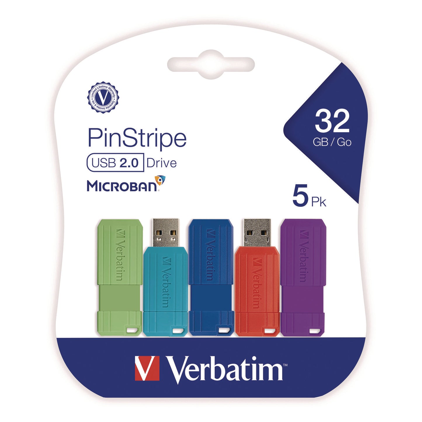 Verbatim PinStripe USB 3.2 Flash Drive, 32 GB, Assorted Colors, 5/Pack (70055)