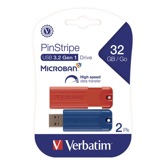 Verbatim PinStripe USB 3.2 Flash Drive, 32 GB, Blue/Red, 2/Pack (70056)