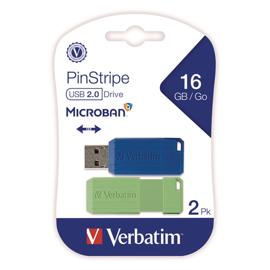 Verbatim PinStripe USB 2.0 Flash Drive, 16 GB, Blue/Green, 2/Pack (99149)