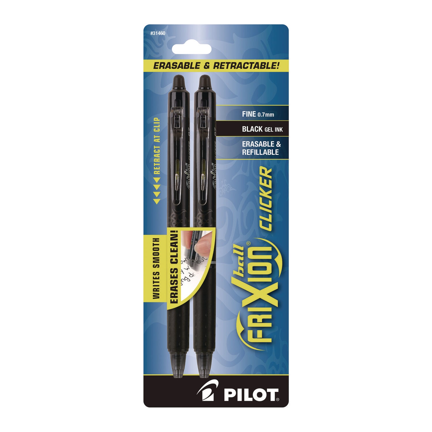 Pilot FriXion Ball Clicker Erasable Gel Pen, Retractable, Fine 0.7 mm, Black Ink and Barrel, 2/Pack (31460)