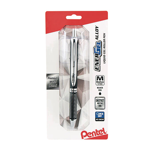 Pentel EnerGel Alloy RT Gel Pen, Retractable, Medium 0.7 mm, Black Ink, Black/Aluminum Barrel (BL407ABPA)