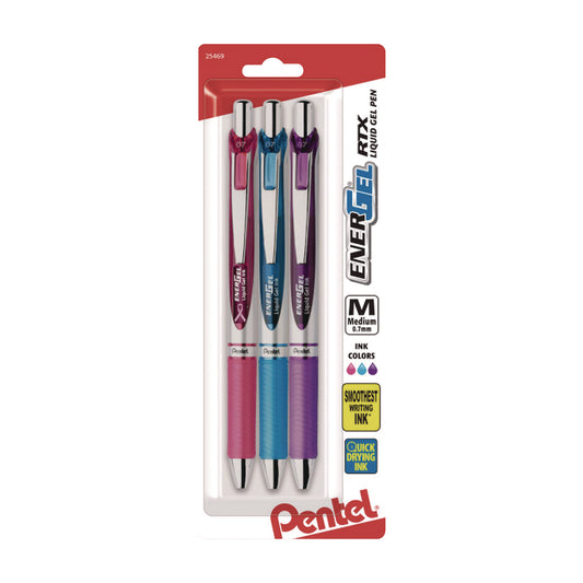 Pentel EnerGel RTX Gel Pen, Retractable, Medium 0.7 mm, Assorted Pastel Ink and Barrel Colors, 3/Pack (BL77BP3M1)