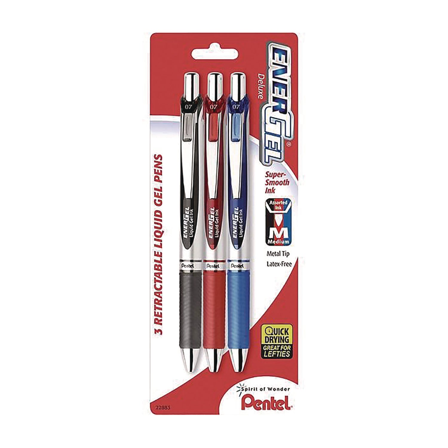 Pentel EnerGel RTX Deluxe Gel Pen, Retractable, Medium 0.7 mm, Assorted Ink and Barrel Colors, 3/Pack (BL77BP3M)