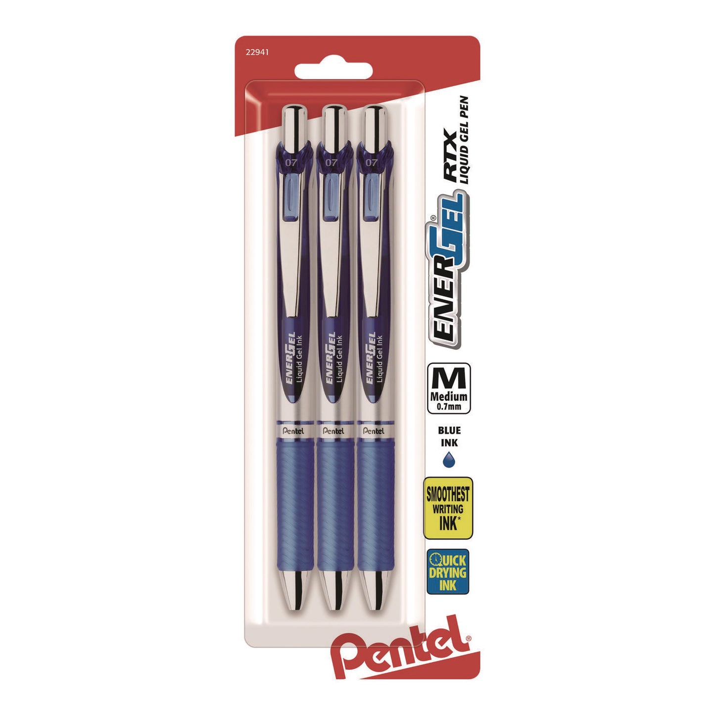 Pentel EnerGel RTX Gel Pen, Retractable, Medium 0.7 mm, Blue Ink, Blue/Silver Barrel, 3/Pack (BL77BP3C)