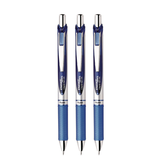 Pentel EnerGel RTX Gel Pen, Retractable, Medium 0.7 mm, Blue Ink, Blue/Silver Barrel, 3/Pack (BL77BP3C)