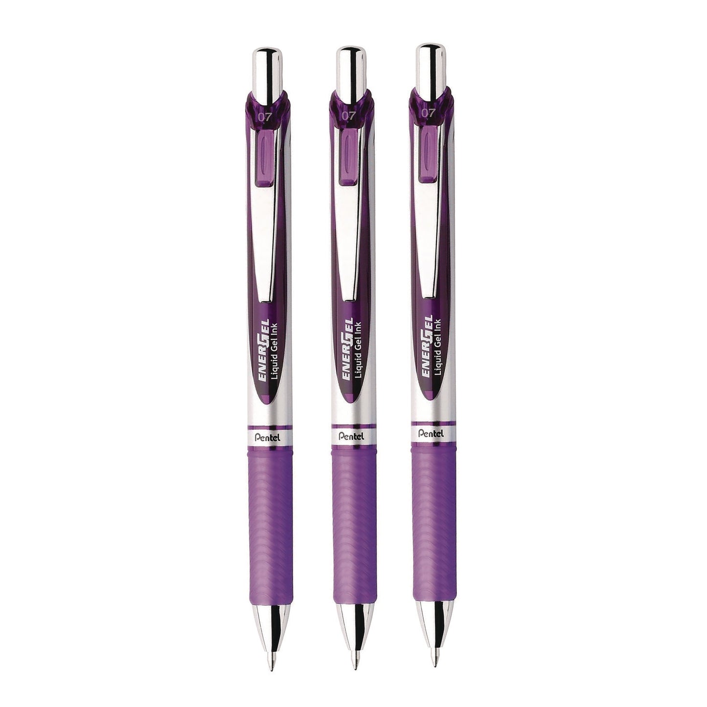 Pentel EnerGel RTX Deluxe Gel Pen, Retractable, Medium 0.7 mm, Purple Ink, Purple/Silver Barrel, 3/Pack (BL77BP3V)