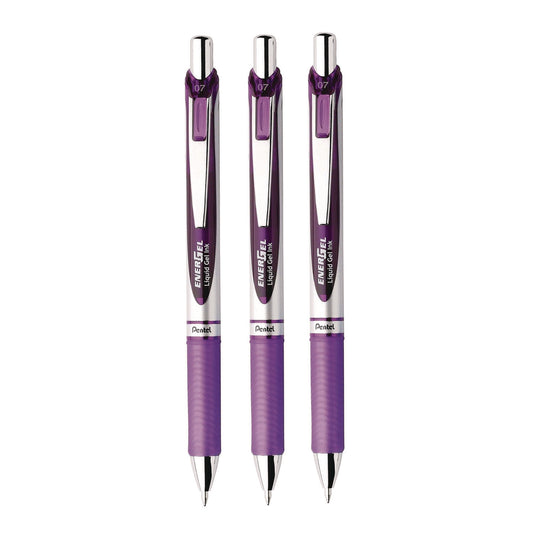 Pentel EnerGel RTX Deluxe Gel Pen, Retractable, Medium 0.7 mm, Purple Ink, Purple/Silver Barrel, 3/Pack (BL77BP3V)