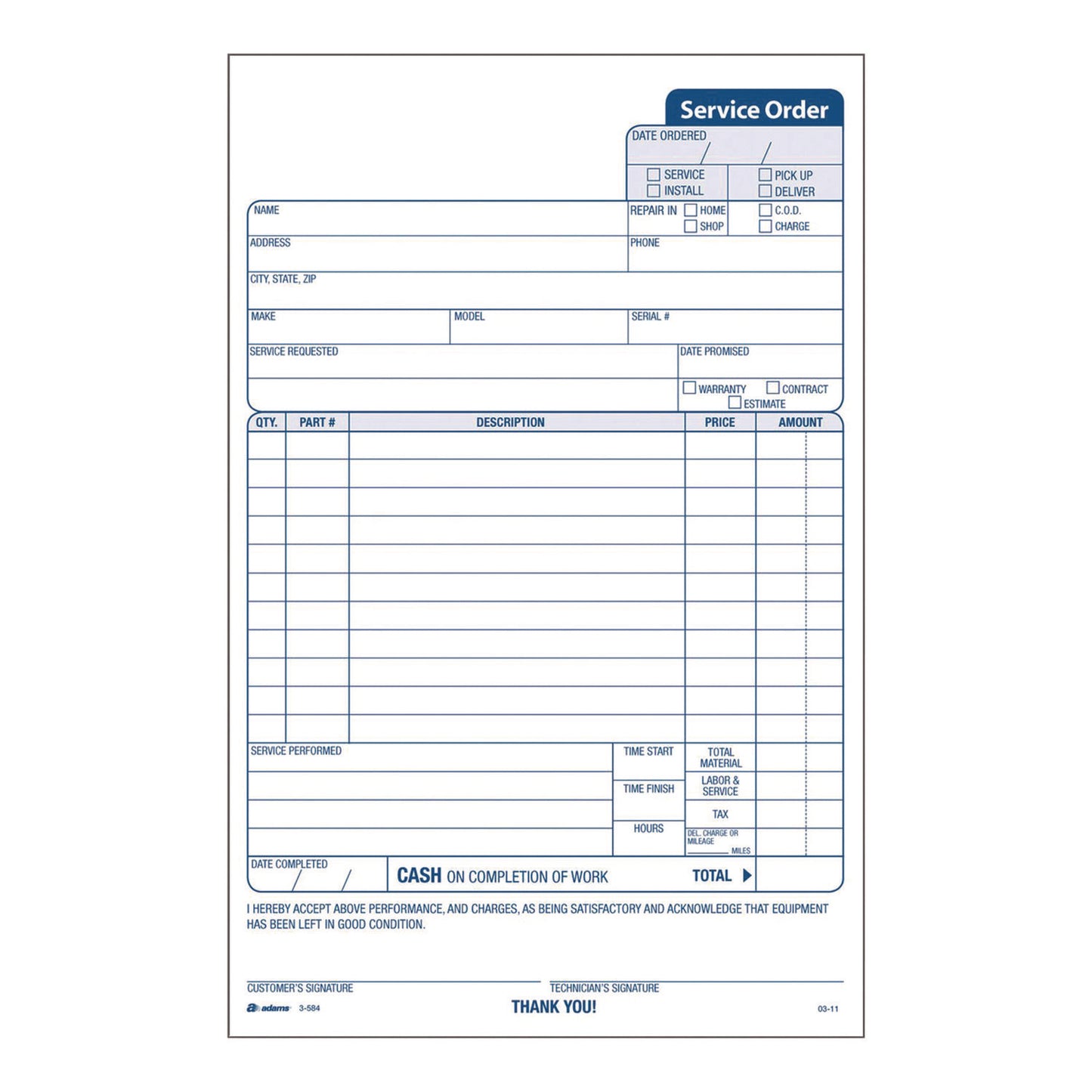 Adams Work Order Form, Three-Part Carbonless, 5.66 x 9, 250 Sets/Pack (3584)