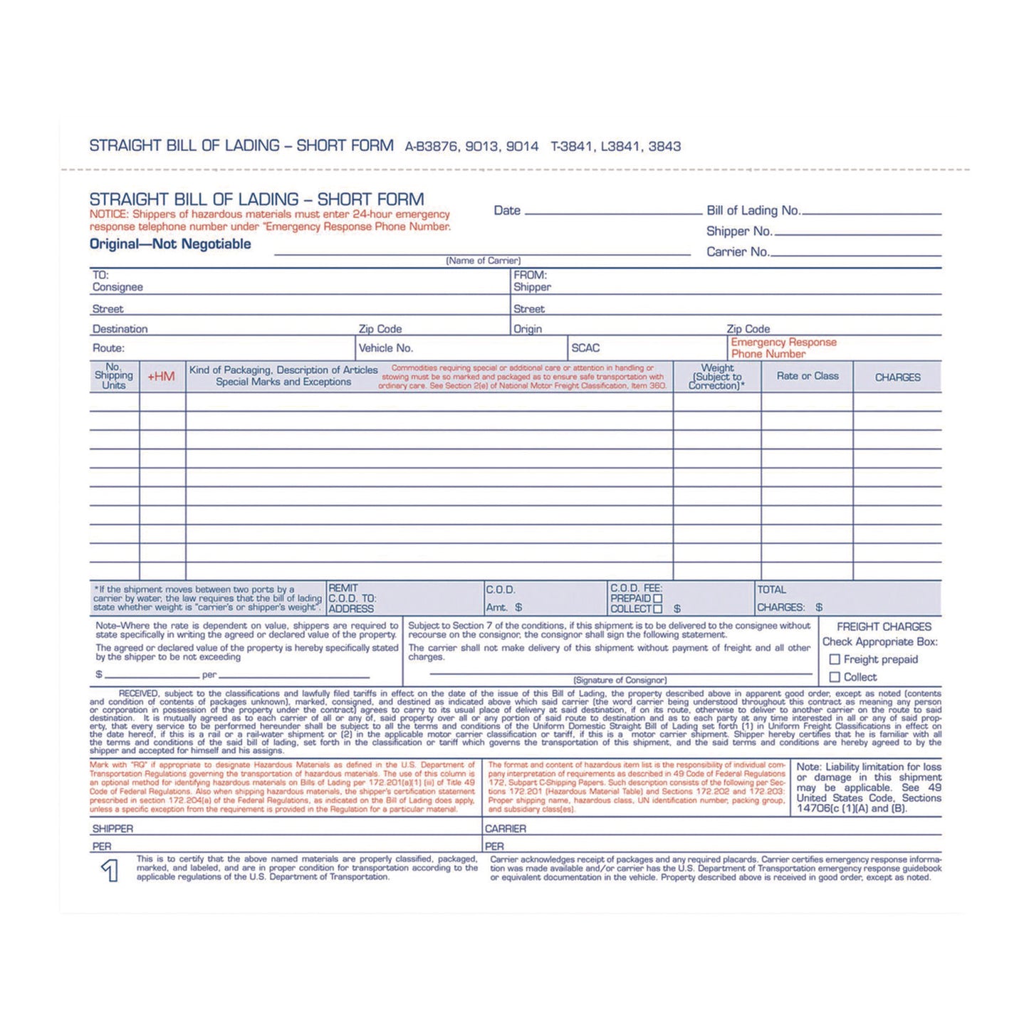 Adams Bill of Lading - Short Form for Up to Ten Articles, Three-Part Carbonless, 8.5 x 6.94, 50 Forms Total (9013)