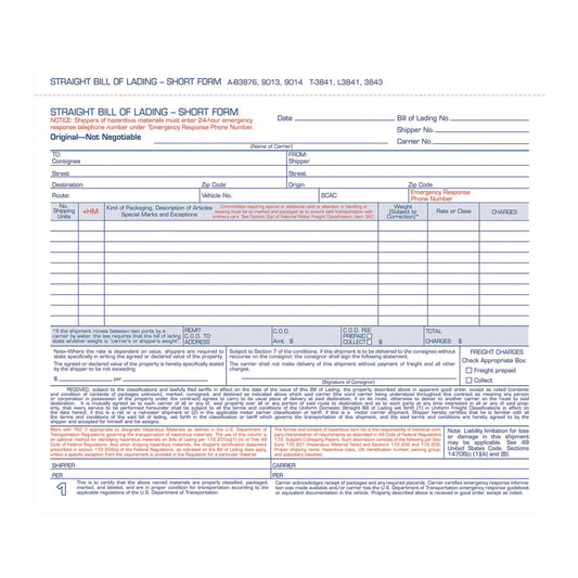 Adams Bill of Lading - Short Form for Up to Ten Articles, Three-Part Carbonless, 8.5 x 6.94, 50 Forms Total (9013)