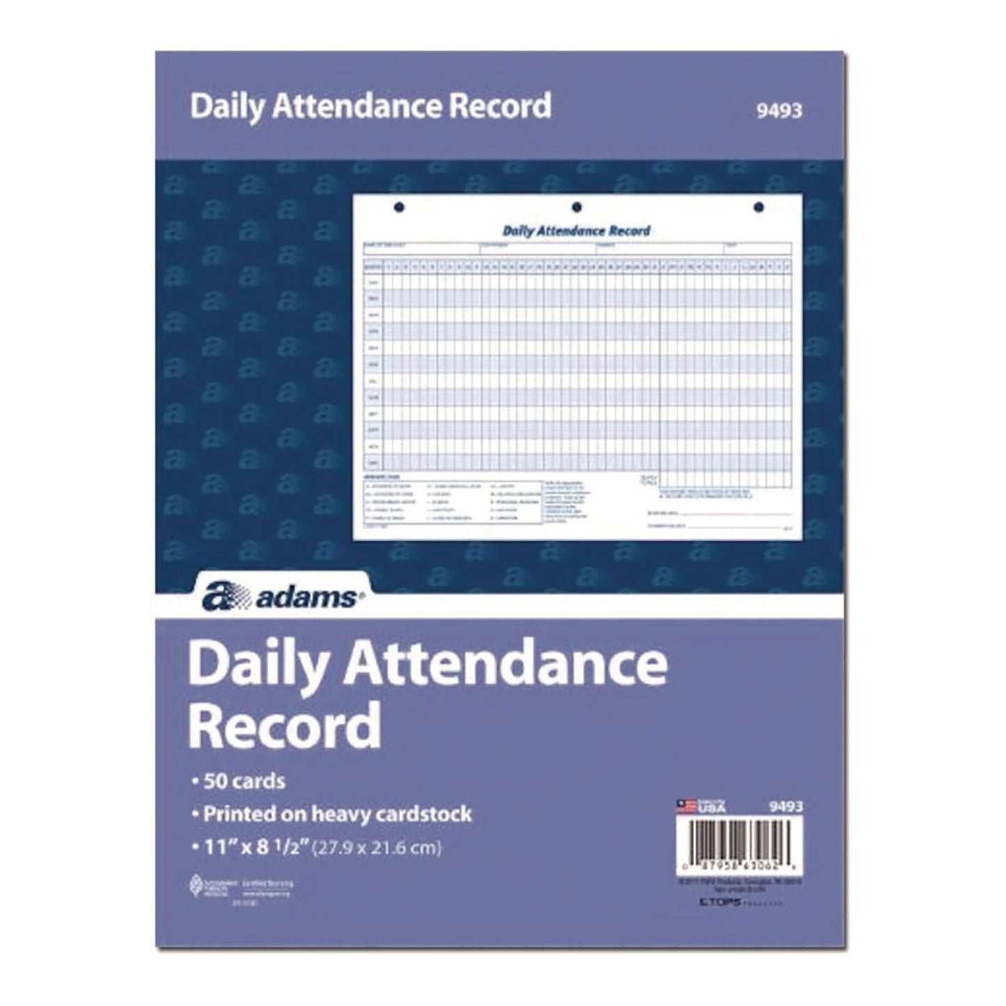 Adams Attendance Records, One Part (No Copies), 11 x 8.5, 50 Forms Total (9493)