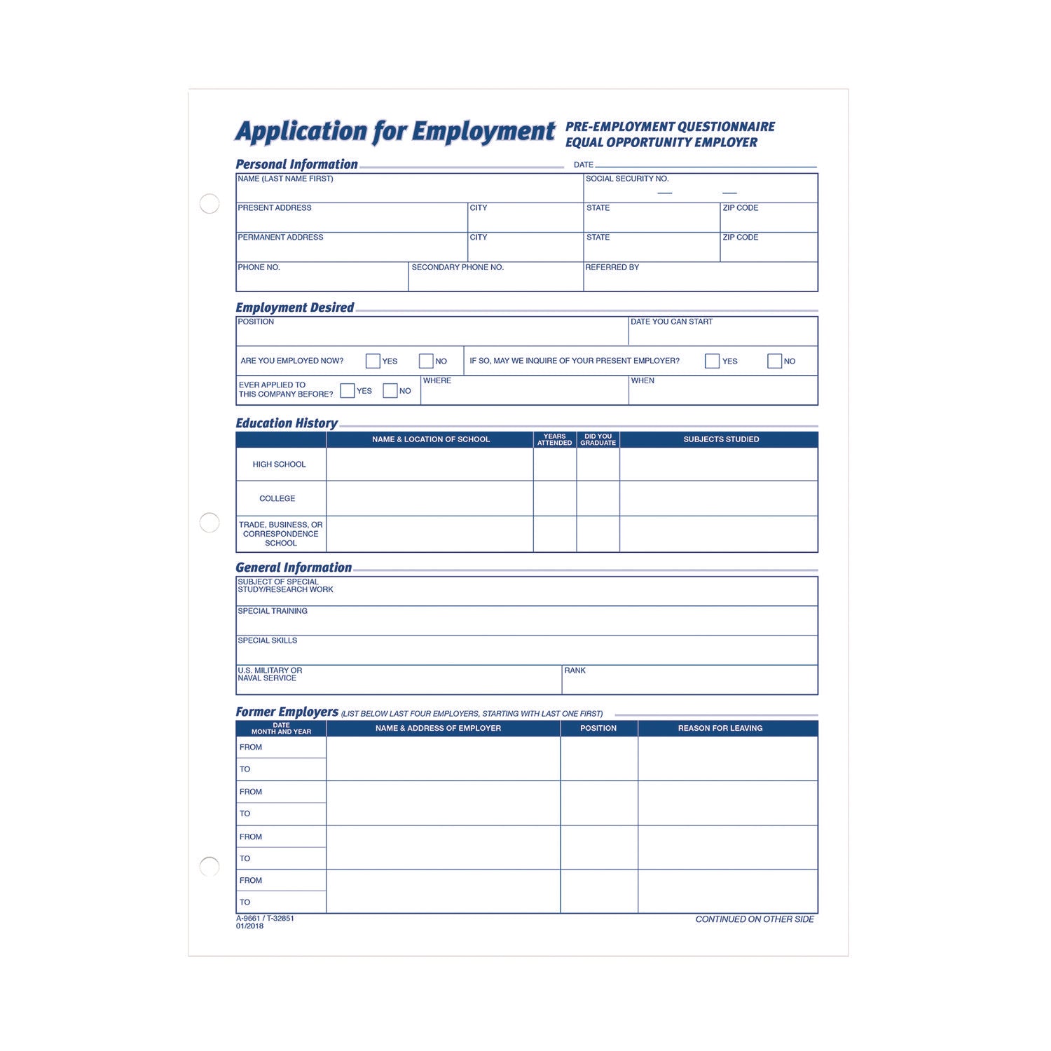 Adams Employment Applications, One-Part (No Copies), 11 x 8.38, 50 Forms/Pad, 2 Pads/Pack (9661)