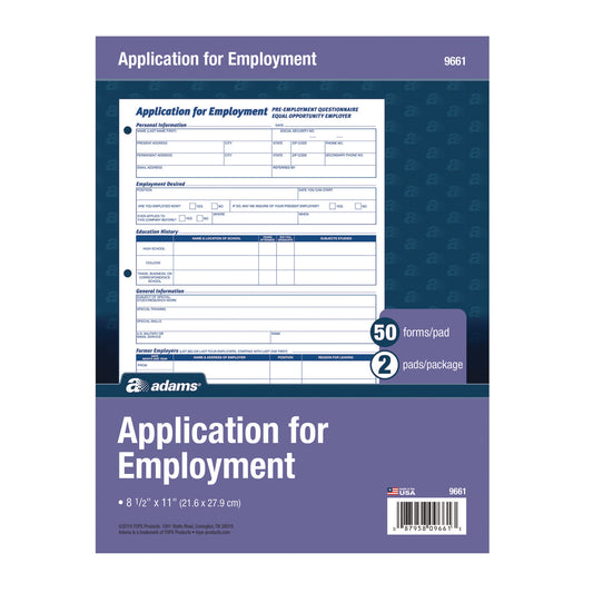 Adams Employment Applications, One-Part (No Copies), 11 x 8.38, 50 Forms/Pad, 2 Pads/Pack (9661)