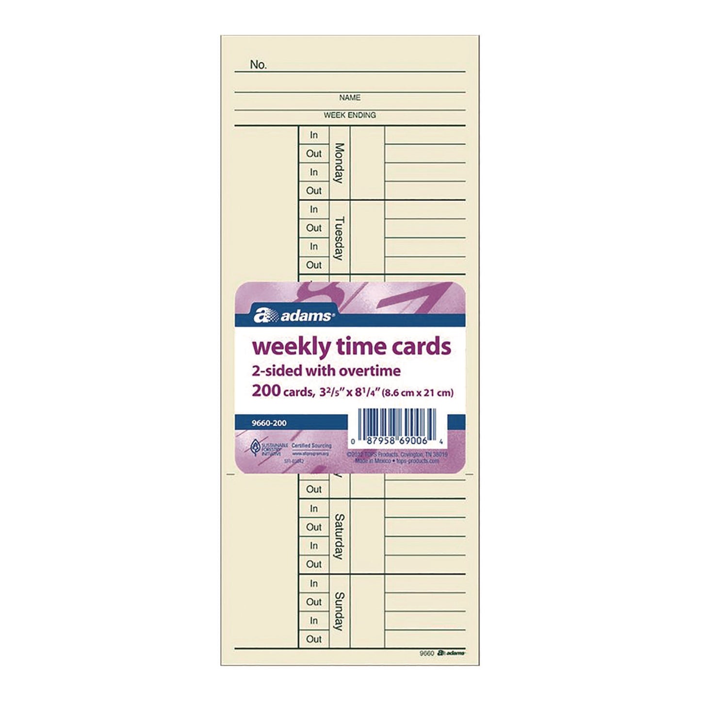 Adams Time Cards for Acroprint, Amano and Lathem Time Clocks, Two Sides, 3.4" x 8.25", 200/Pack (9660200)