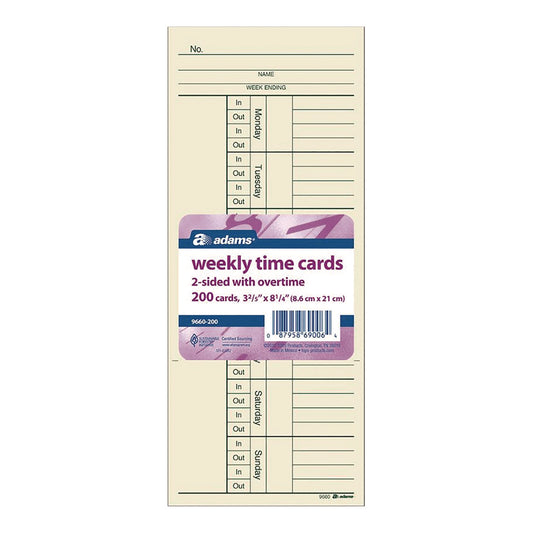 Adams Time Cards for Acroprint, Amano and Lathem Time Clocks, Two Sides, 3.4" x 8.25", 200/Pack (9660200)