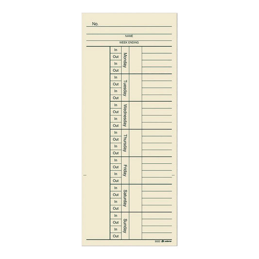 Adams Time Cards for Acroprint, Amano and Lathem Time Clocks, Two Sides, 3.4" x 8.25", 200/Pack (9660200)