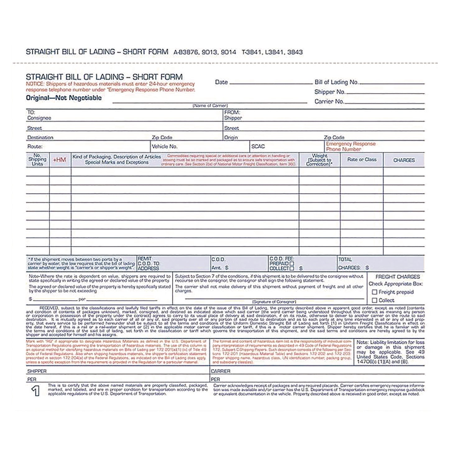 Adams Bill of Lading - Short Form for Up to Ten Articles, Three-Part Carbonless, 8.5 x 6.94, 250 Forms Total (B3876)