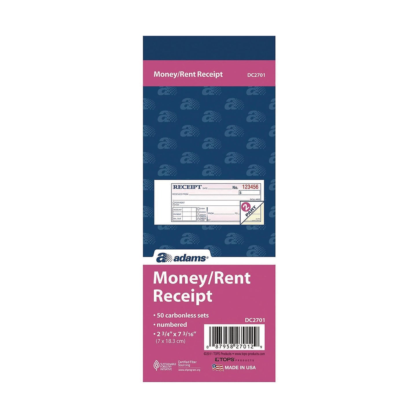 Adams Money/Rent Receipt Book, Two-Part Carbonless, 6.69 x 2.75, 50 Receipts/Book, 5 Books/Pack (DC2701)