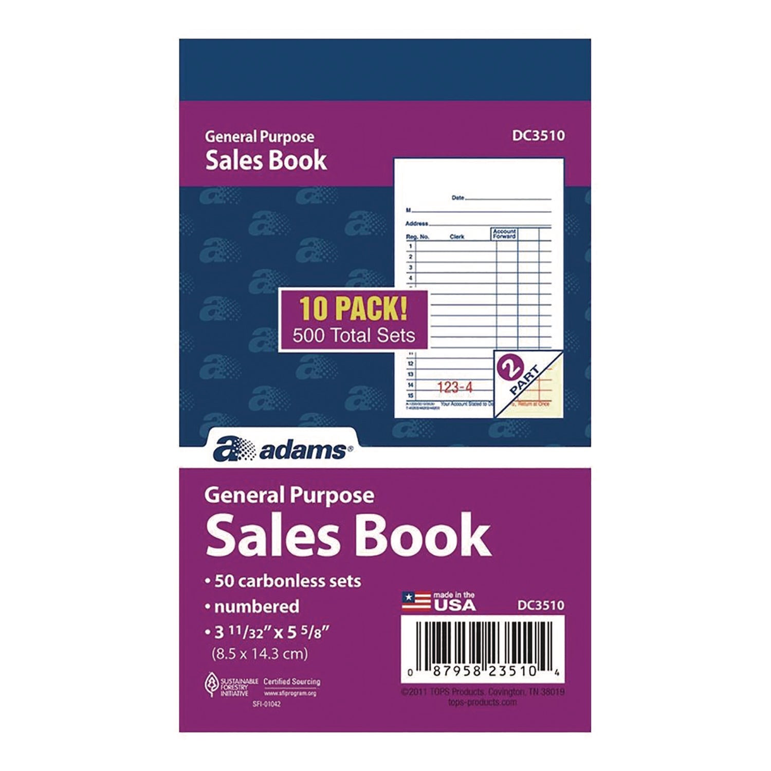 Adams Multipart General-Purpose Sales Pad, Two-Part Carbonless, 3.34 x 5.13, 50 Forms/Pad, 10 Pads/Pack (DC3510)