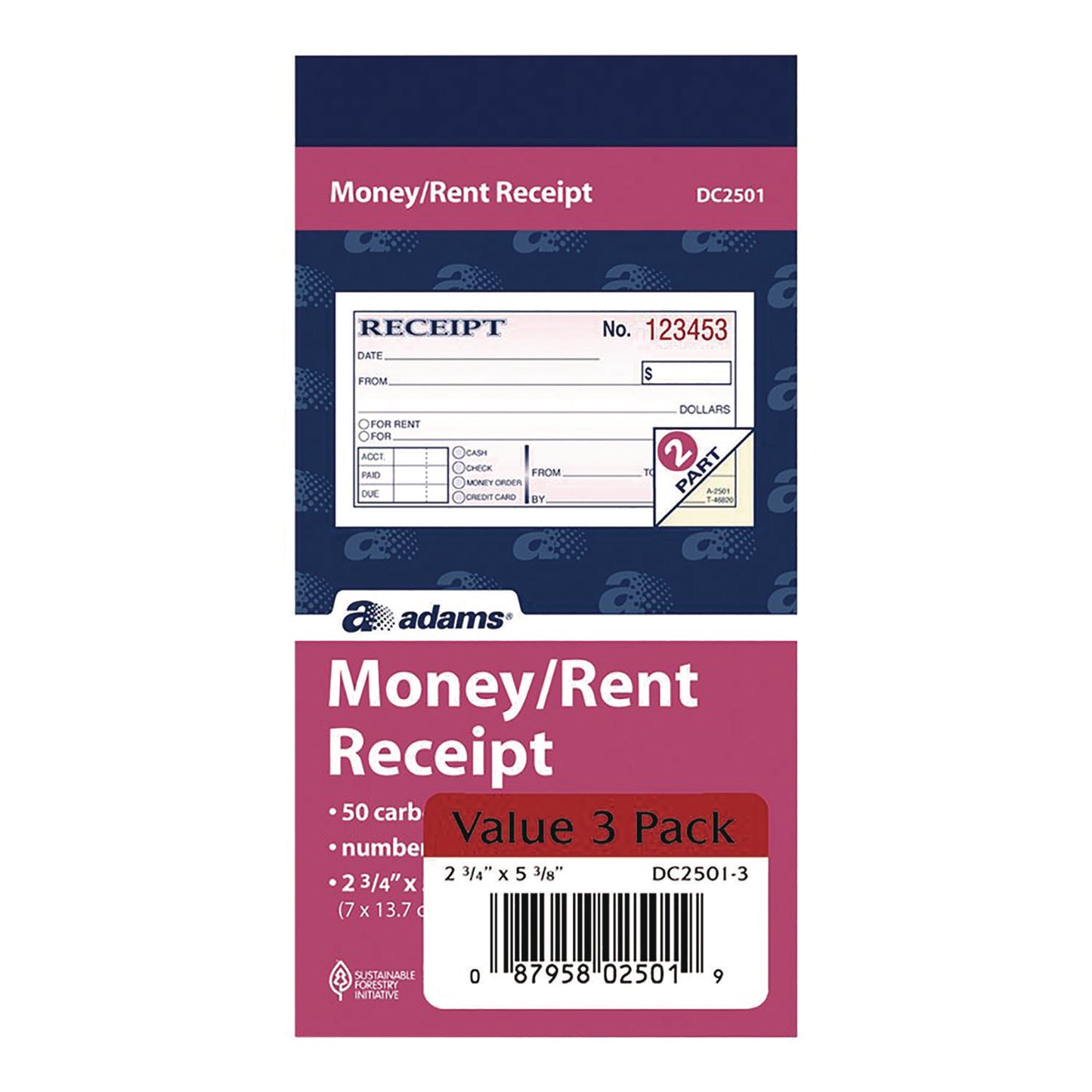 Adams Money/Rent Receipt Book, Two-Part Carbonless, 4.88 x 2.75, 50 Receipts/Book, 3 Books/Pack (DC25013)