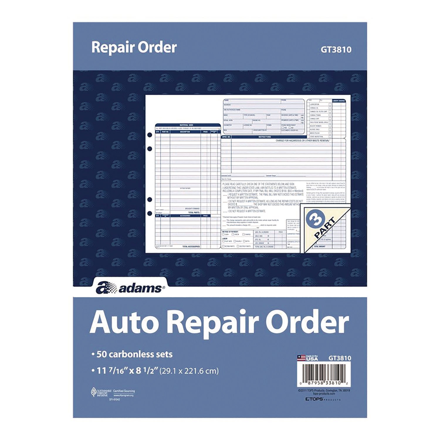 Adams Multipart Auto Repair Work Order Forms with Checklist for Routine Jobs, Three-Part Carbonless, 10.94 x 8.5, 50 Forms Total (GT3810)