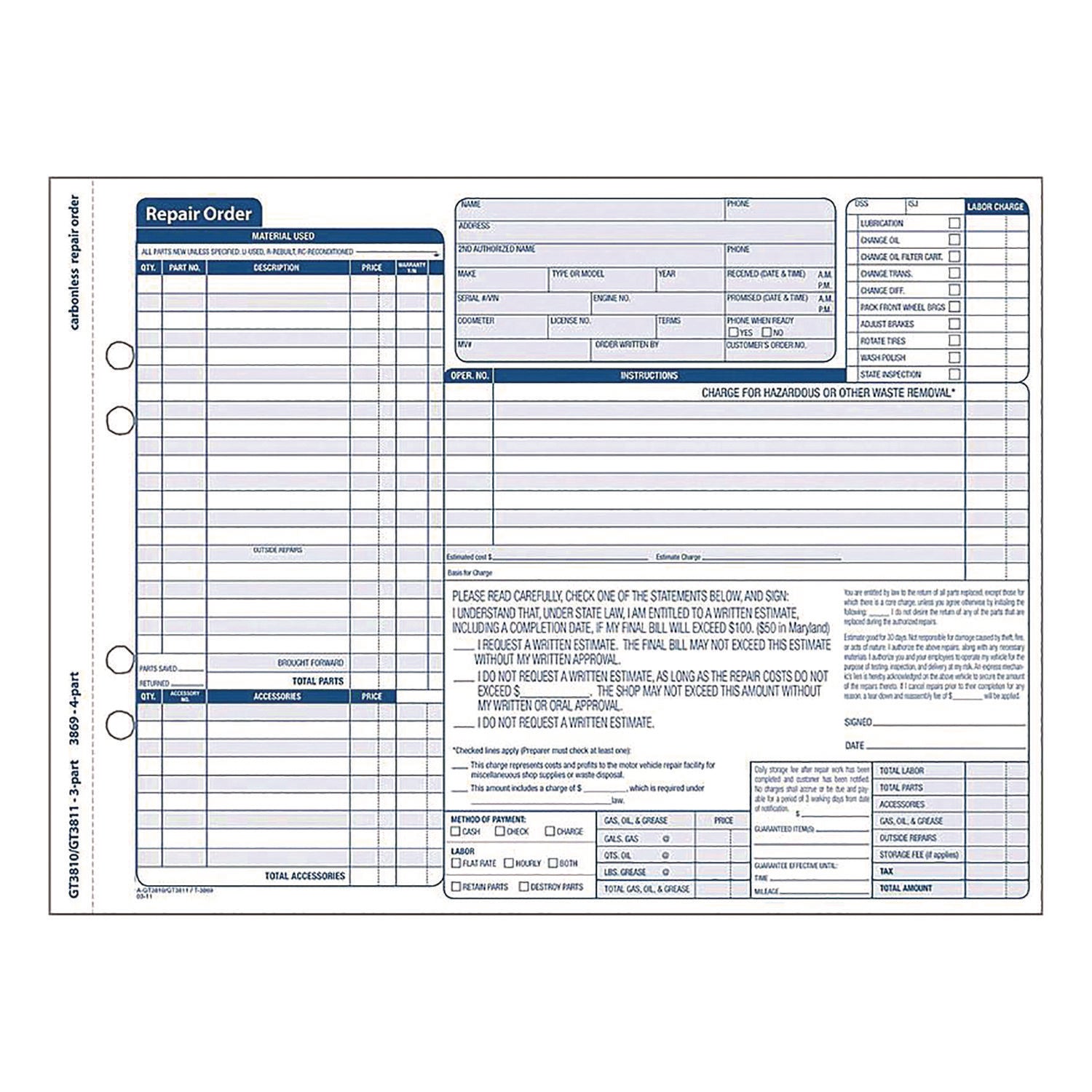 Adams Multipart Auto Repair Work Order Forms with Checklist for Routine Jobs, Three-Part Carbonless, 10.94 x 8.5, 50 Forms Total (GT3810)