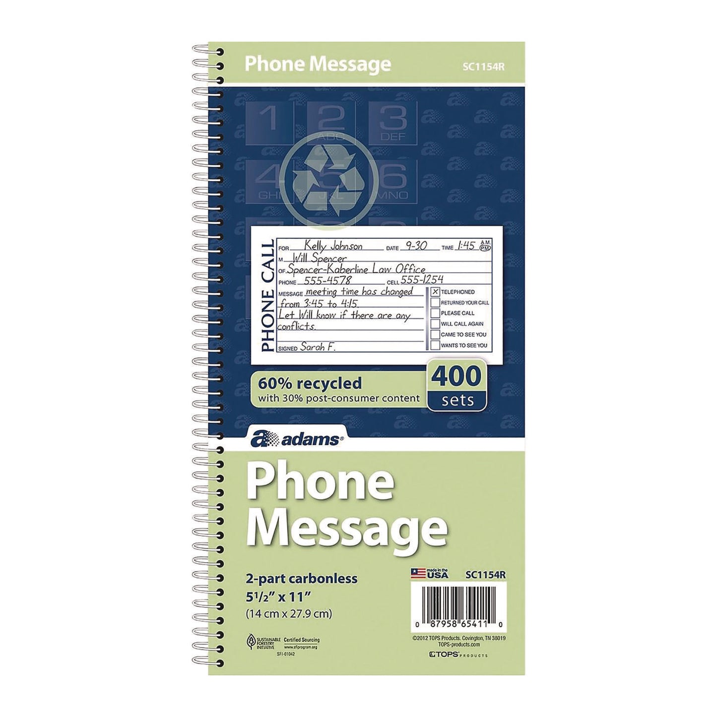 Adams Wirebound Telephone Message Book, Two-Part Carbonless, 4.75 x 2.75, 4 Forms/Sheet, 400 Forms Total (SC1154R)