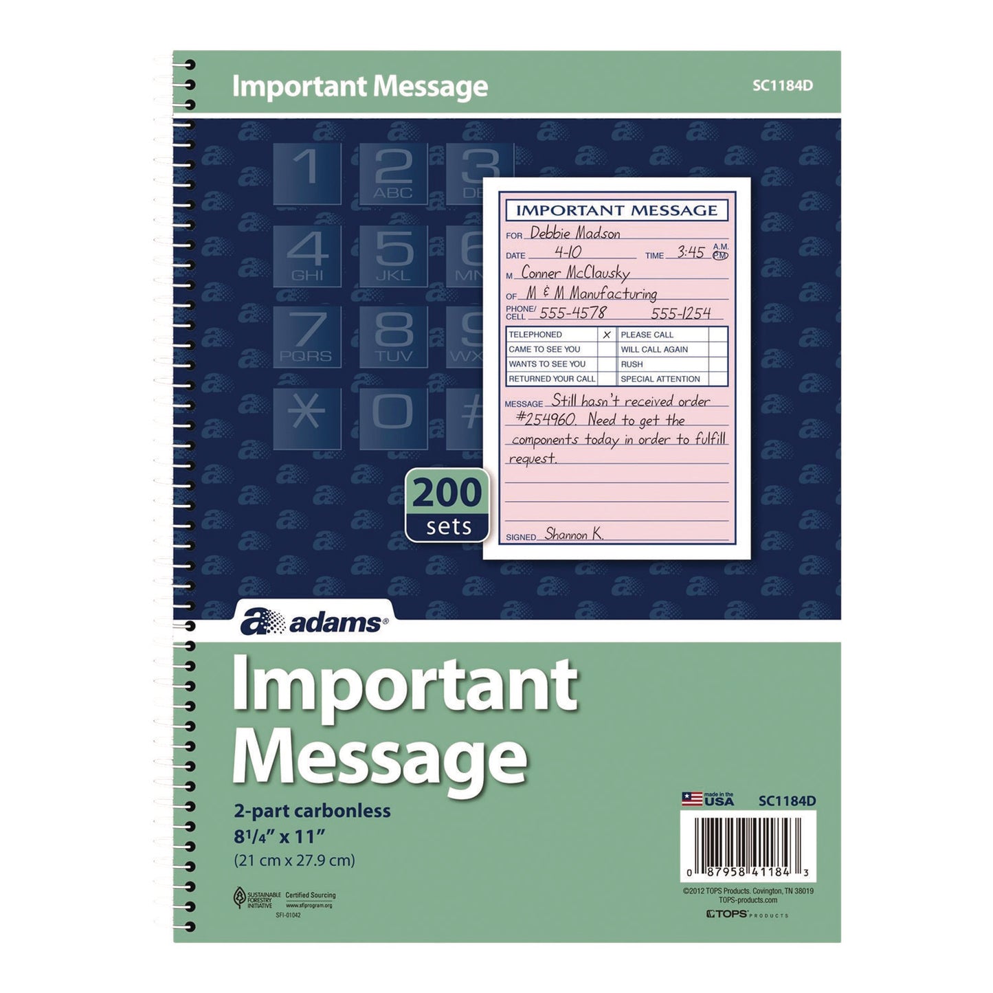 Adams Important Message Book, Two-Part Carbonless, 4 Forms/Sheet, 200 Forms Total (SC1184D)