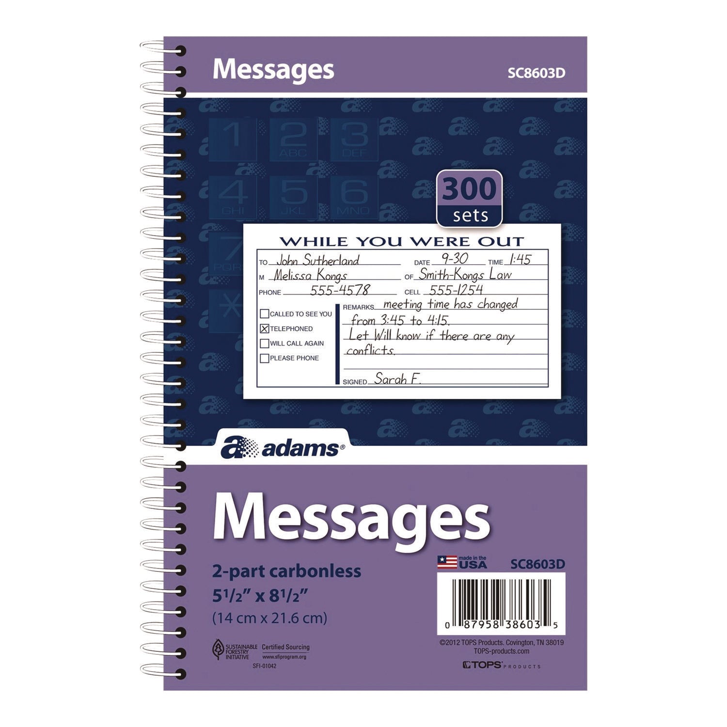 Adams While You Were Out Messages Book, Two-Part Carbonless, 5 x 2.83, 3 Forms/Sheet, 300 Forms Total (SC8603D)